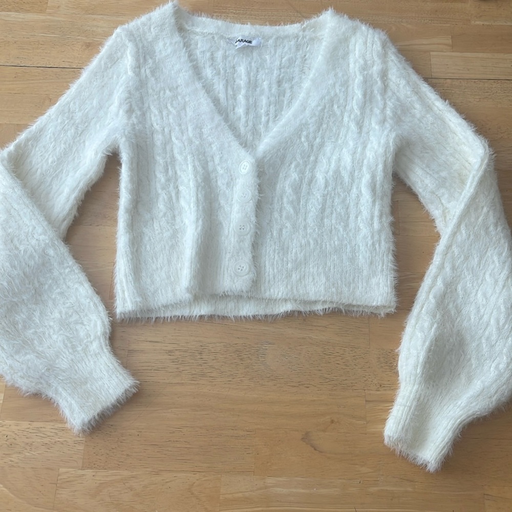 White cropped fuzzy garage sweater